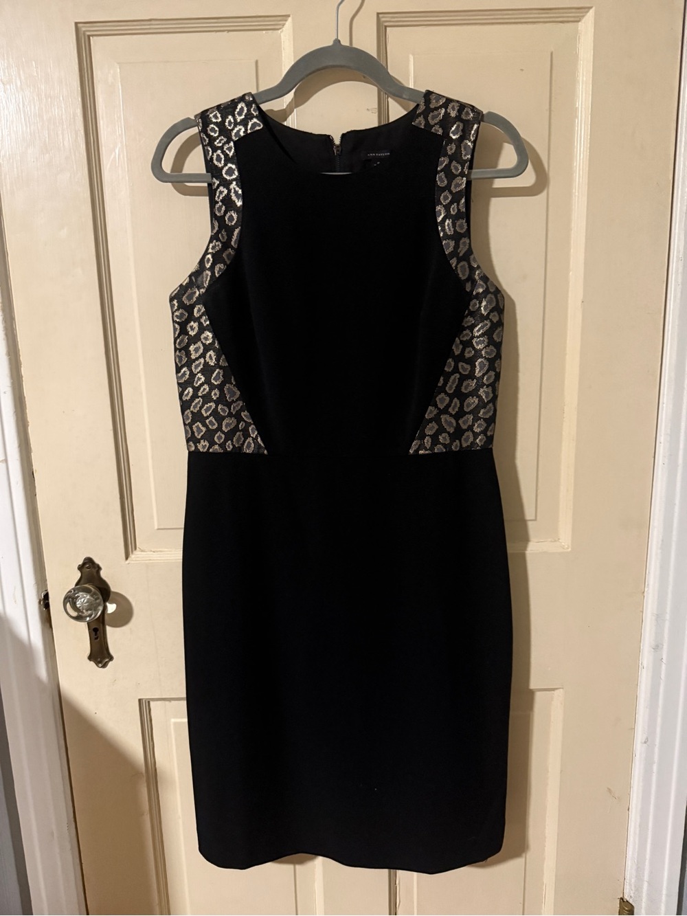 Ann Taylor Black Sheath Dress with Metallic Leopard Panels